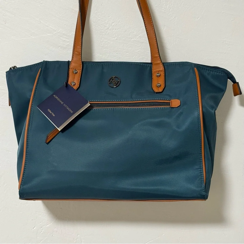 Adrienne Vittadini Nylon Tote blue green teal tan - Picture 2 of 11